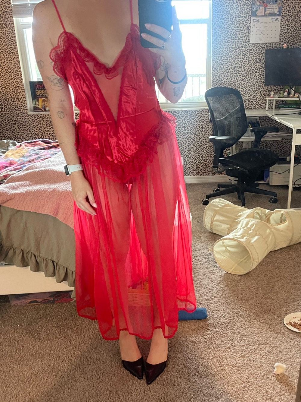 Frederick's Of Hollywood Vintage 90s Y2k Red Lace & Mesh Maxi Gown
